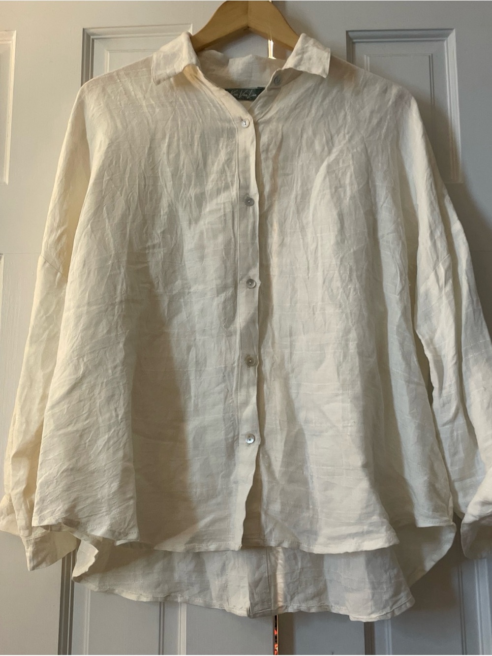 Kim Van Lou Linen Blend Oversized Blouse White Embroidered Scarab Beetle S/M‎